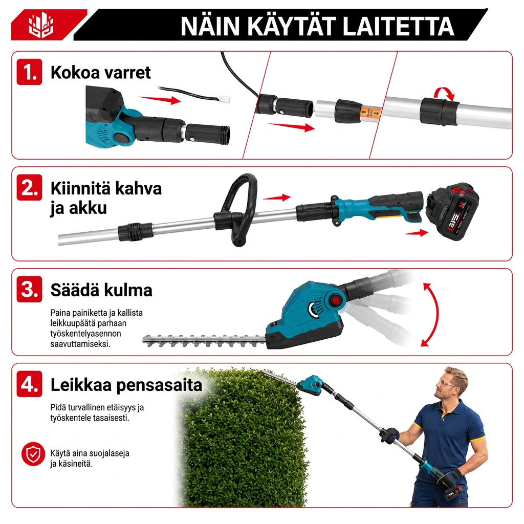 Akkukäyttöinen jatkovarsipensasleikkuri 52 cm - teleskooppinen 2,7 m