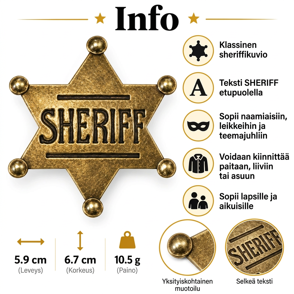 Sheriffintähti-rintaneula metallia naamiaisiin ja leikkeihin