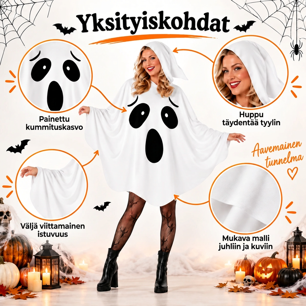 Naisten kummitusasu hupulla, one size