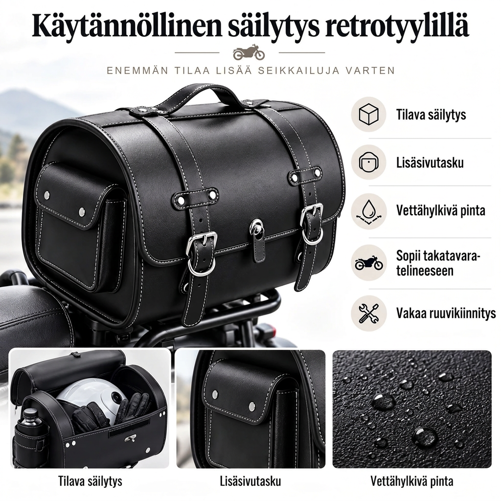 Retrotyylinen musta moottoripyörälaukku tavaratelineelle