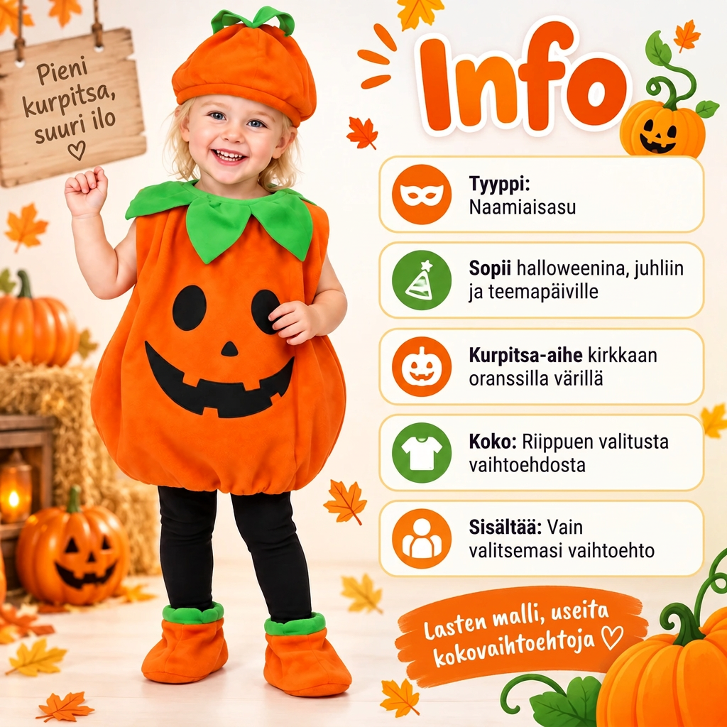 Lasten kurpitsa-asu hatulla ja kengillä – Halloween-naamiaisasu