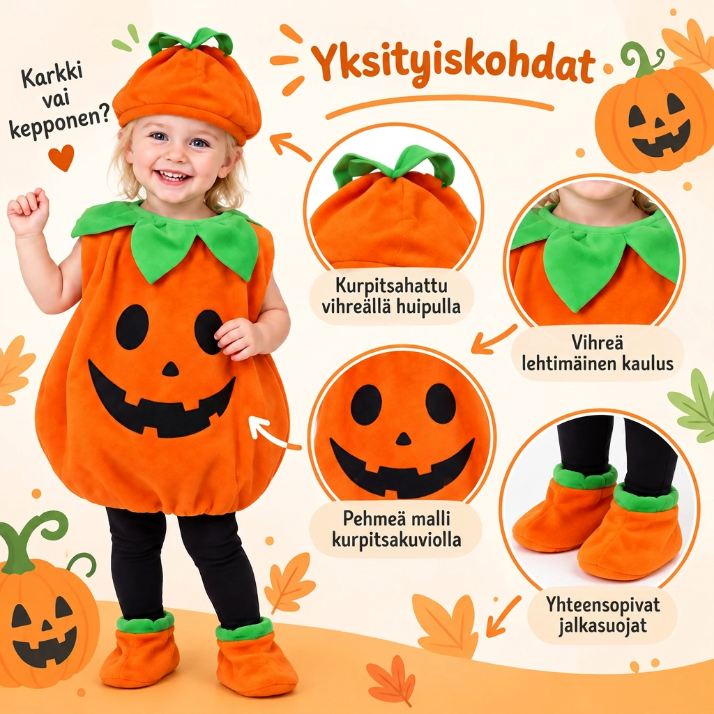 Lasten kurpitsa-asu hatulla ja kengillä – Halloween-naamiaisasu