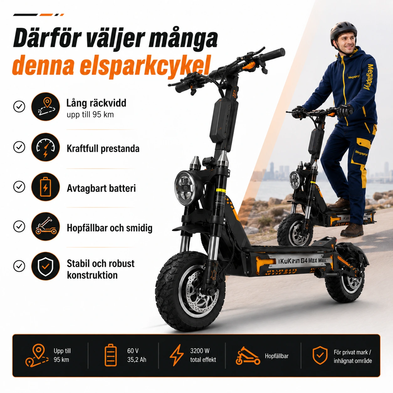 Elsparkcykel med upp till 95 km räckvidd – 60 V 35,2 Ah
