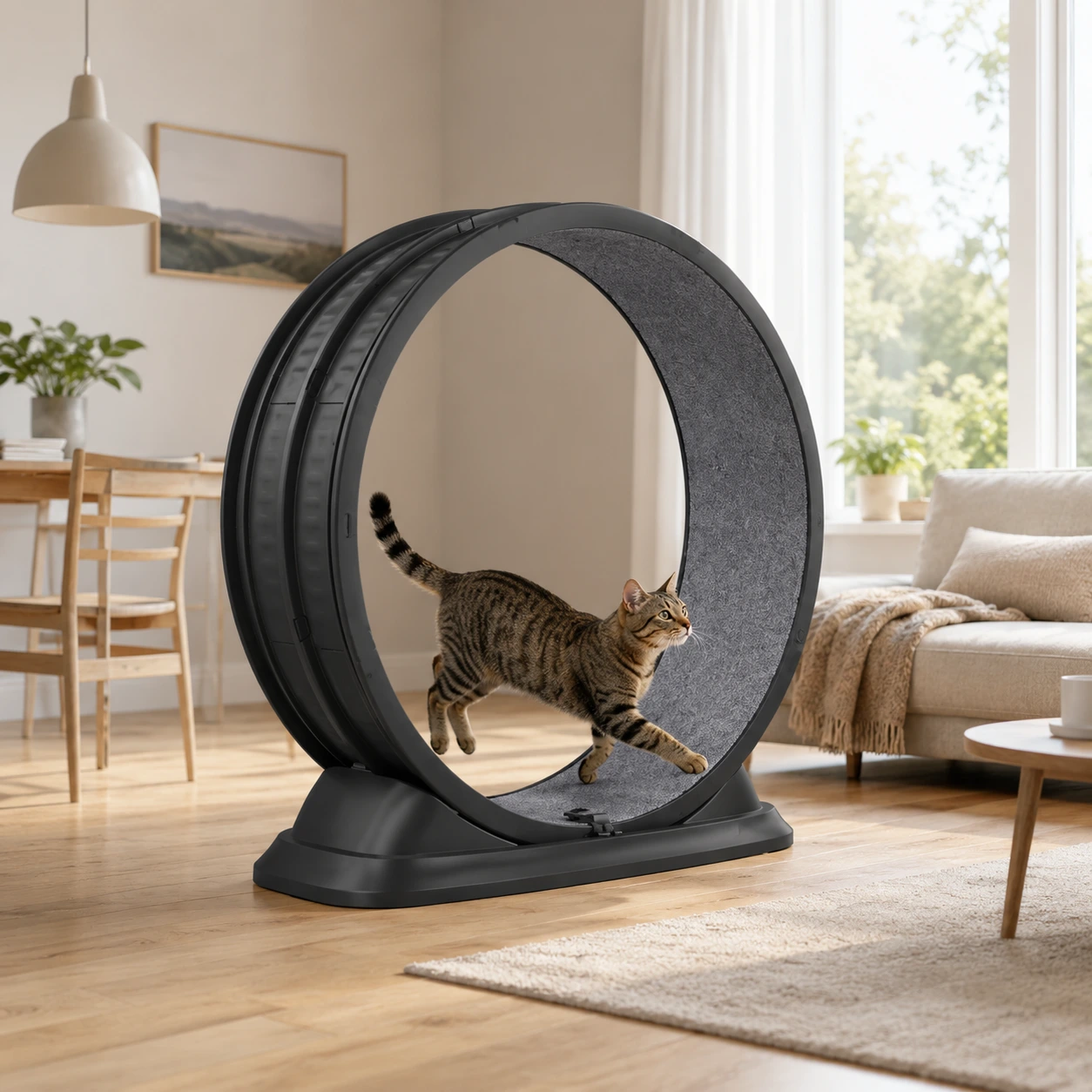 Löphjul för katt inomhus med säkerhetslås och tyst gång