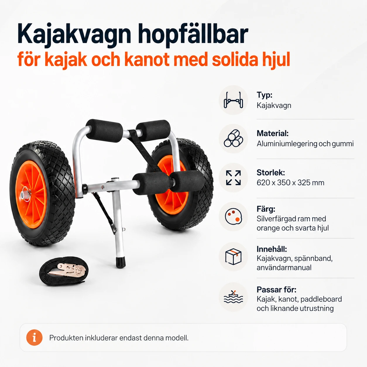 Kajakvagn hopfällbar för kajak och kanot med solida hjul