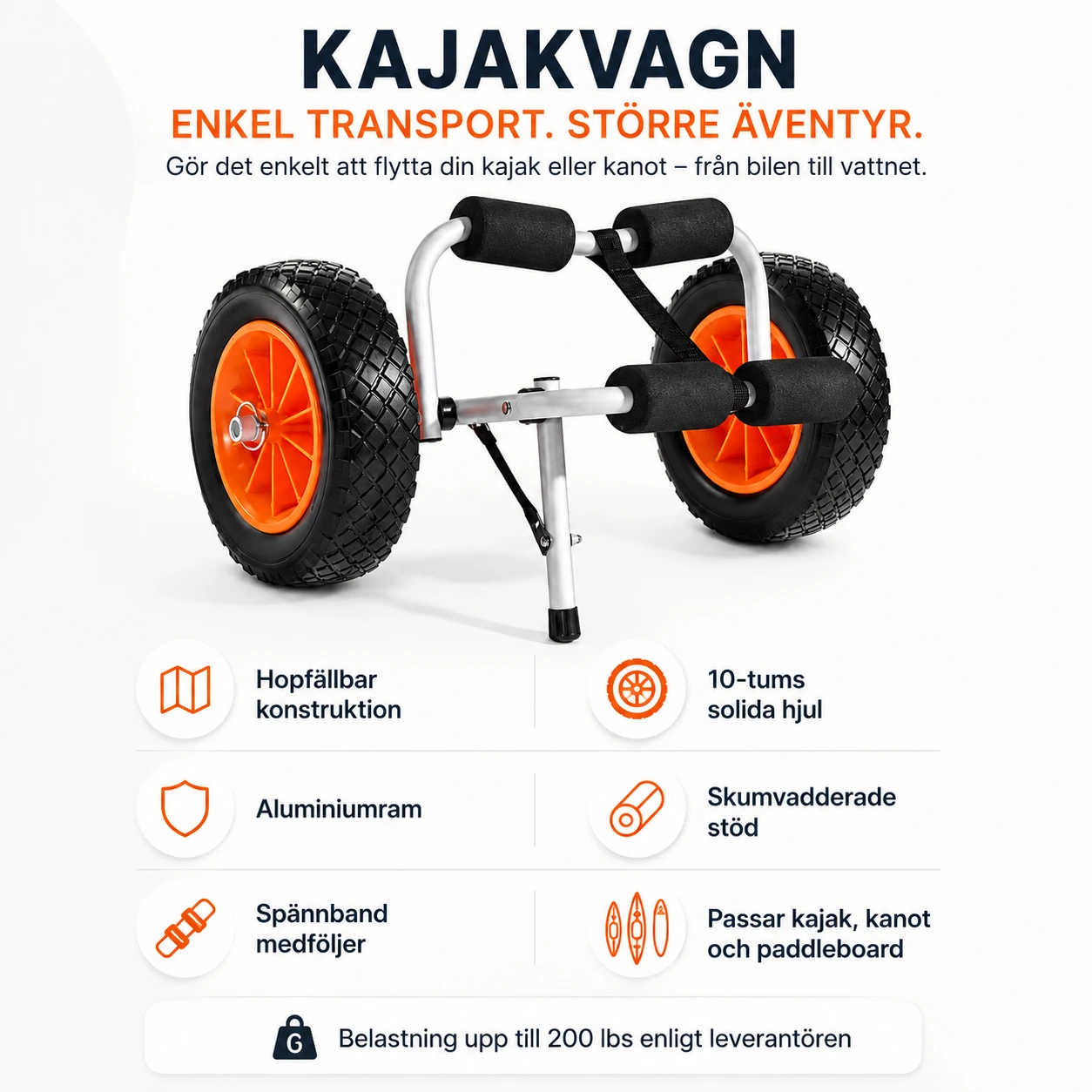 Kajakvagn hopfällbar för kajak och kanot med solida hjul