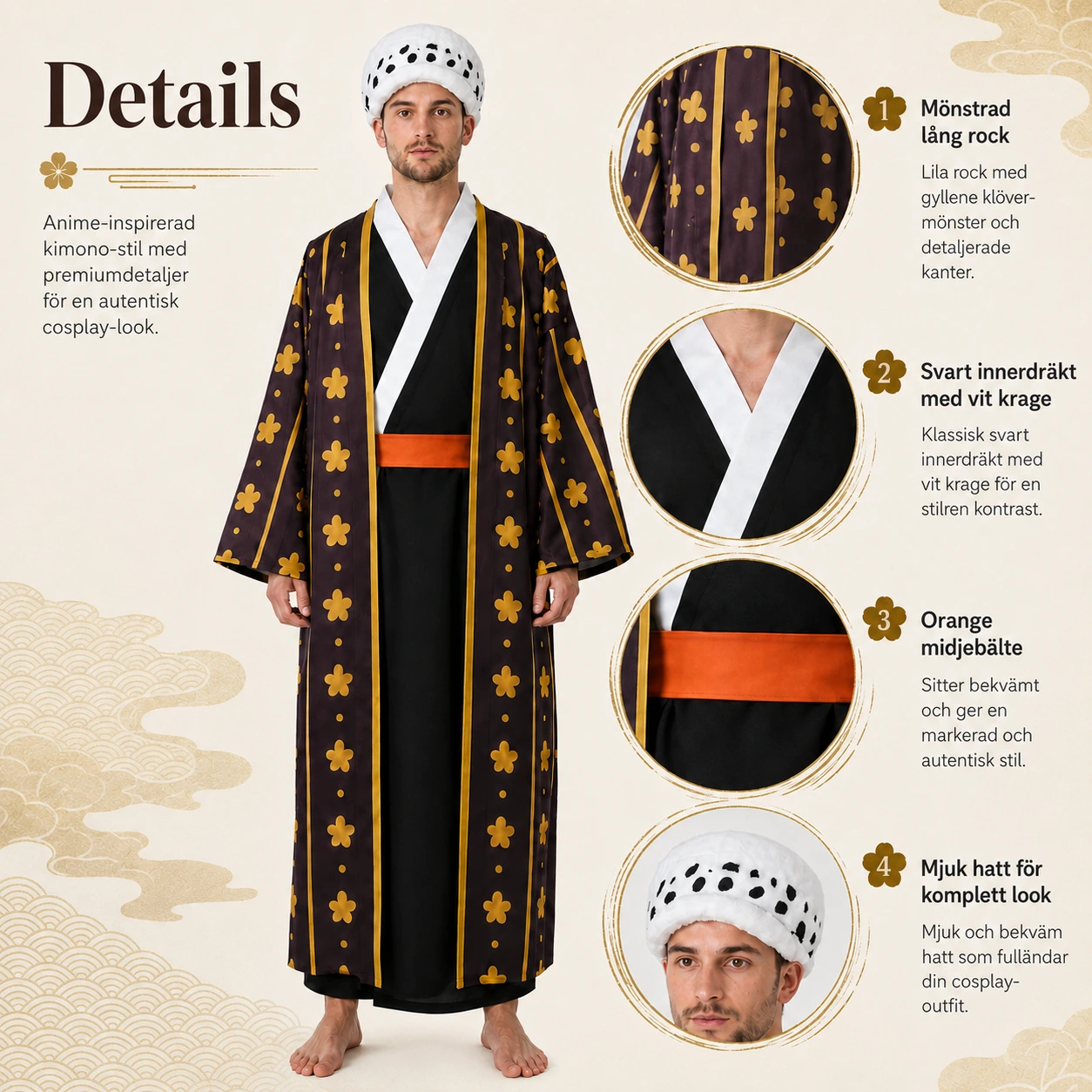 Cosplaydräkt i kimono-stil för maskerad och cosplay